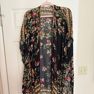 Vintage black floral kimono with gold fringe ONE SIZE